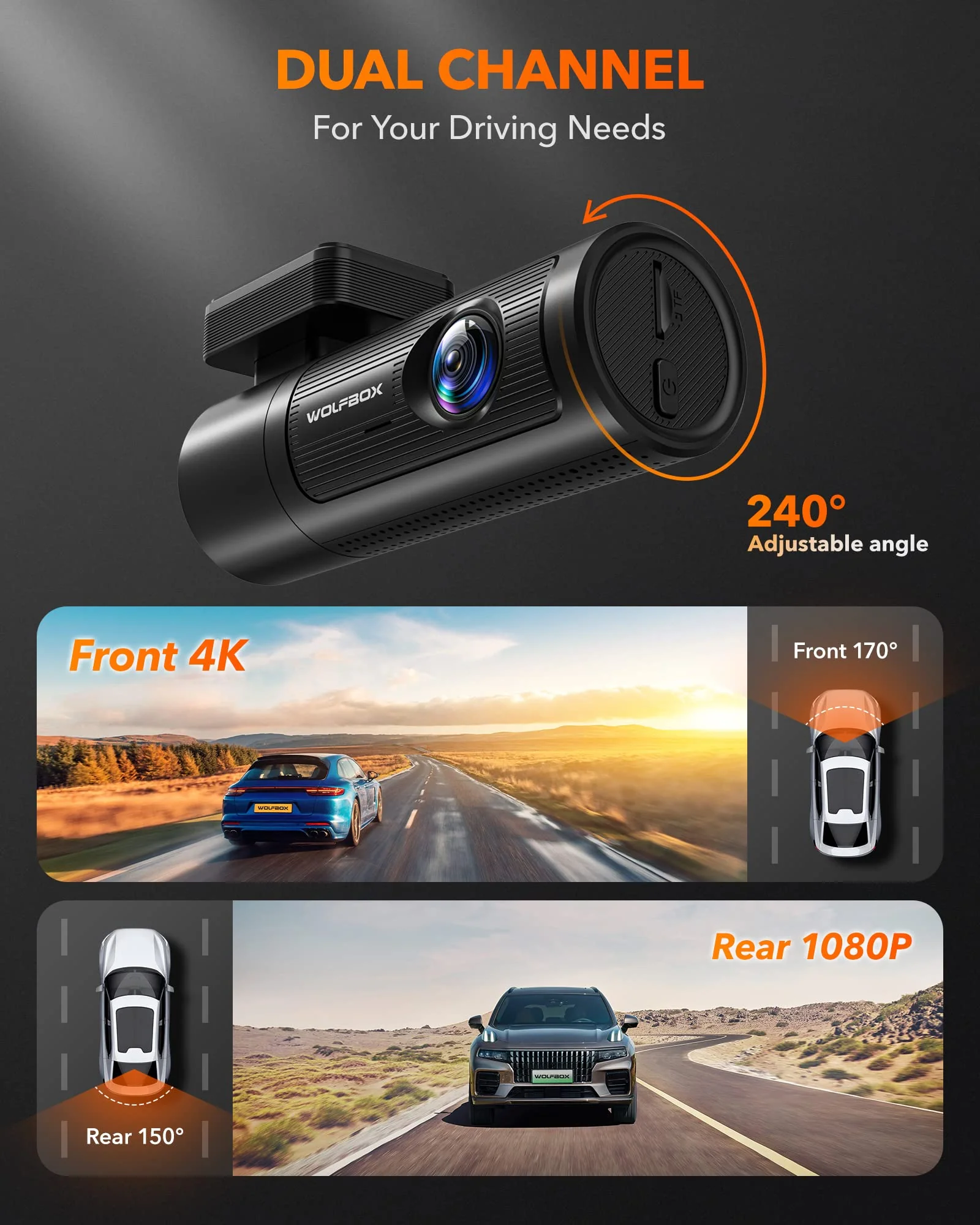 i05 | WOLFBOX Dash Cam Front and Rear, 4K Dash Cam with GPS WiFi UHD 2160P/1600P + 1080P - Image 3