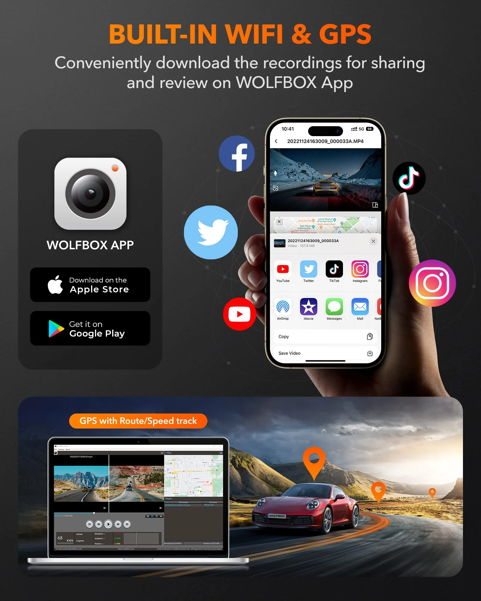 i05 | WOLFBOX Dash Cam Front and Rear, 4K Dash Cam with GPS WiFi UHD 2160P/1600P + 1080P - Image 6